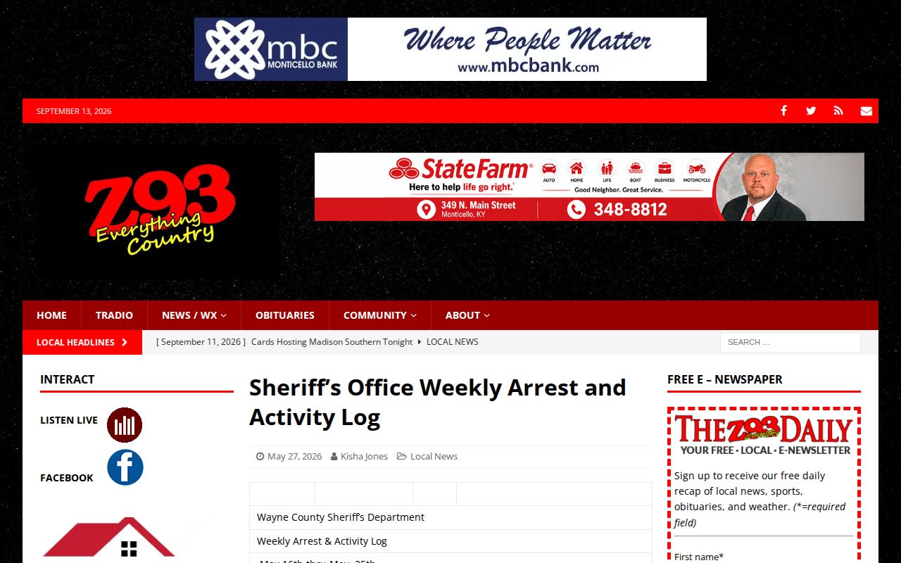 Wayne County arrest activity log reported by Z93